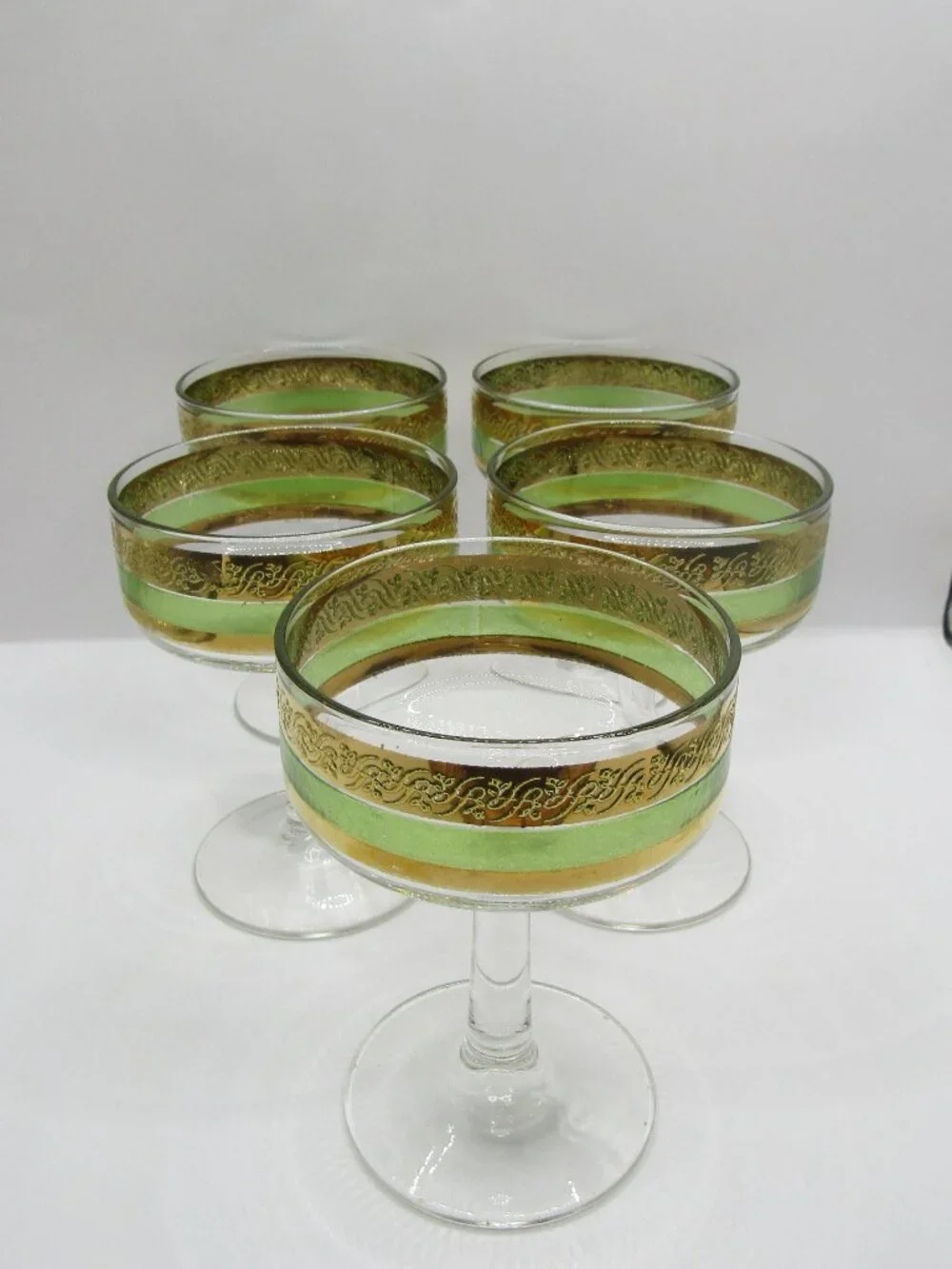 Set of Five Starlyte Green & Gold Scroll Coupe Glasses